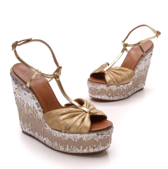 Tory Burch Shoes - $350 Tory Burch Gold Percy Sequin Platform Wedge